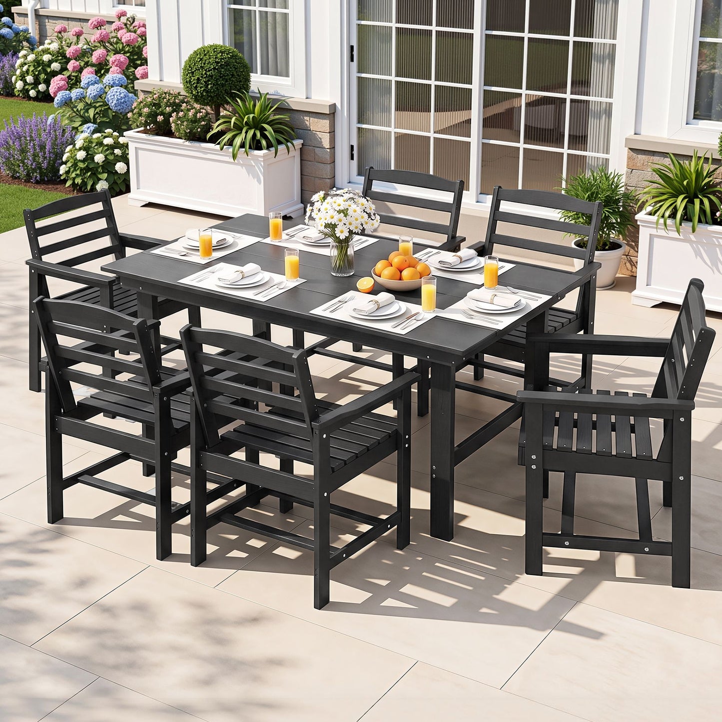 Lacombe 6-Seater Outdoor Dining Set Patio HDPE Table and Chairs Garden Furniture 7-Piece - Black