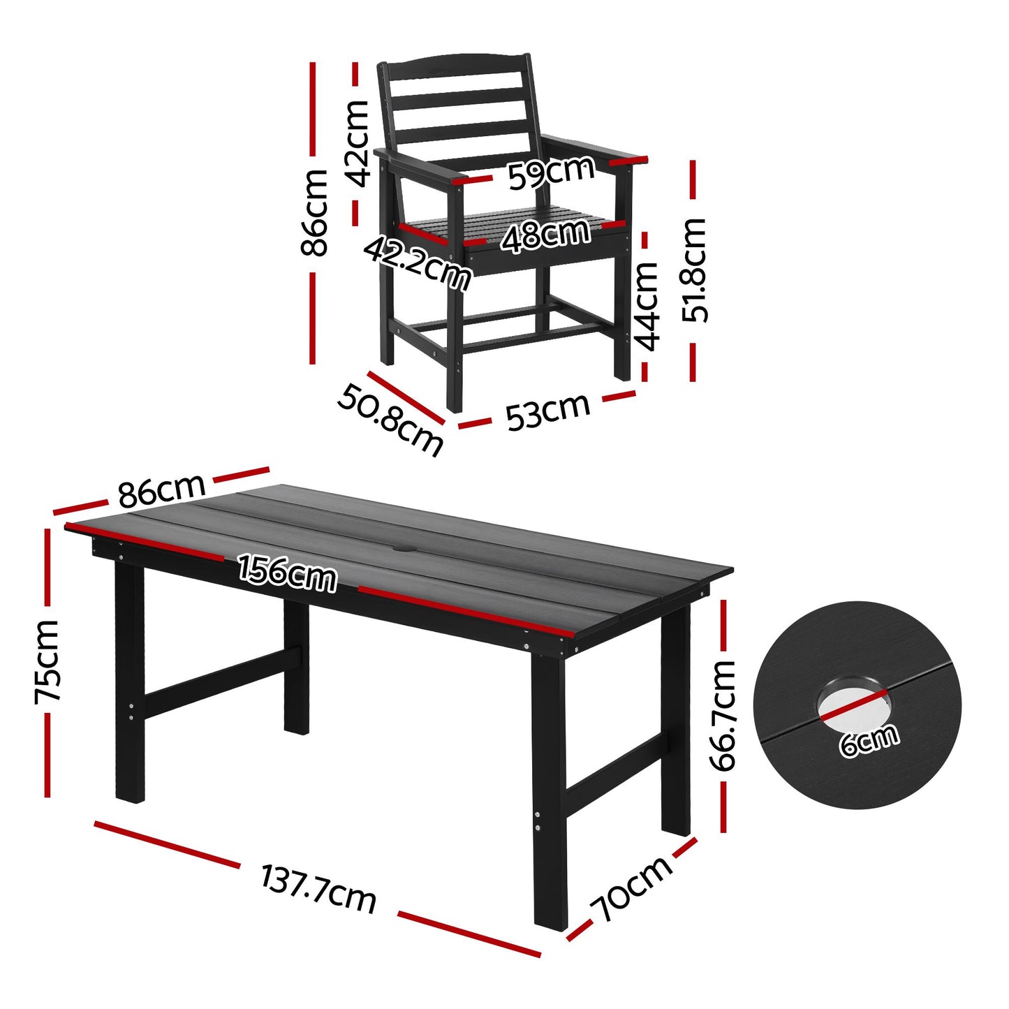 Lacombe 6-Seater Outdoor Dining Set Patio HDPE Table and Chairs Garden Furniture 7-Piece - Black