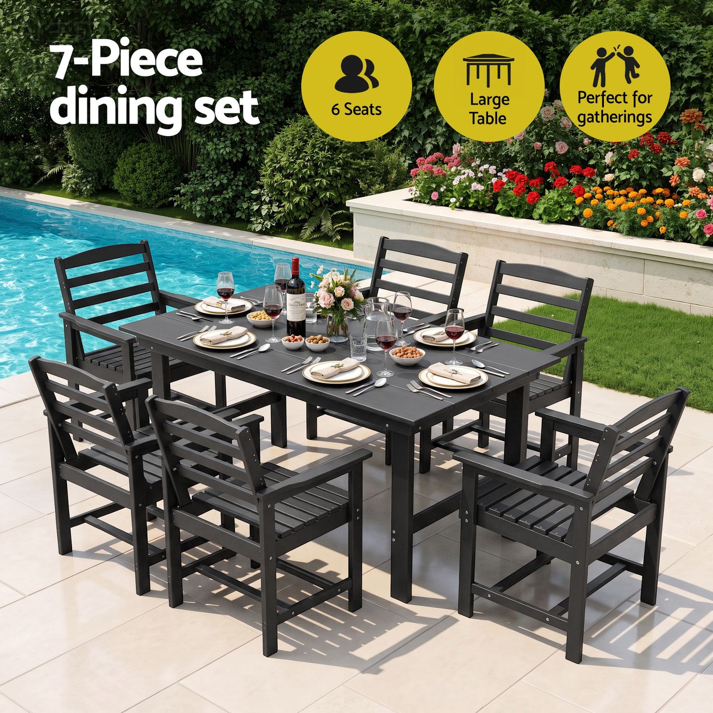 Lacombe 6-Seater Outdoor Dining Set Patio HDPE Table and Chairs Garden Furniture 7-Piece - Black