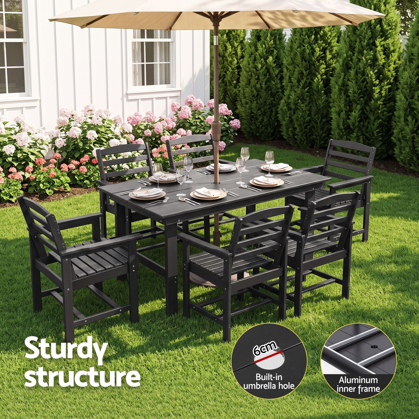 Lacombe 6-Seater Outdoor Dining Set Patio HDPE Table and Chairs Garden Furniture 7-Piece - Black