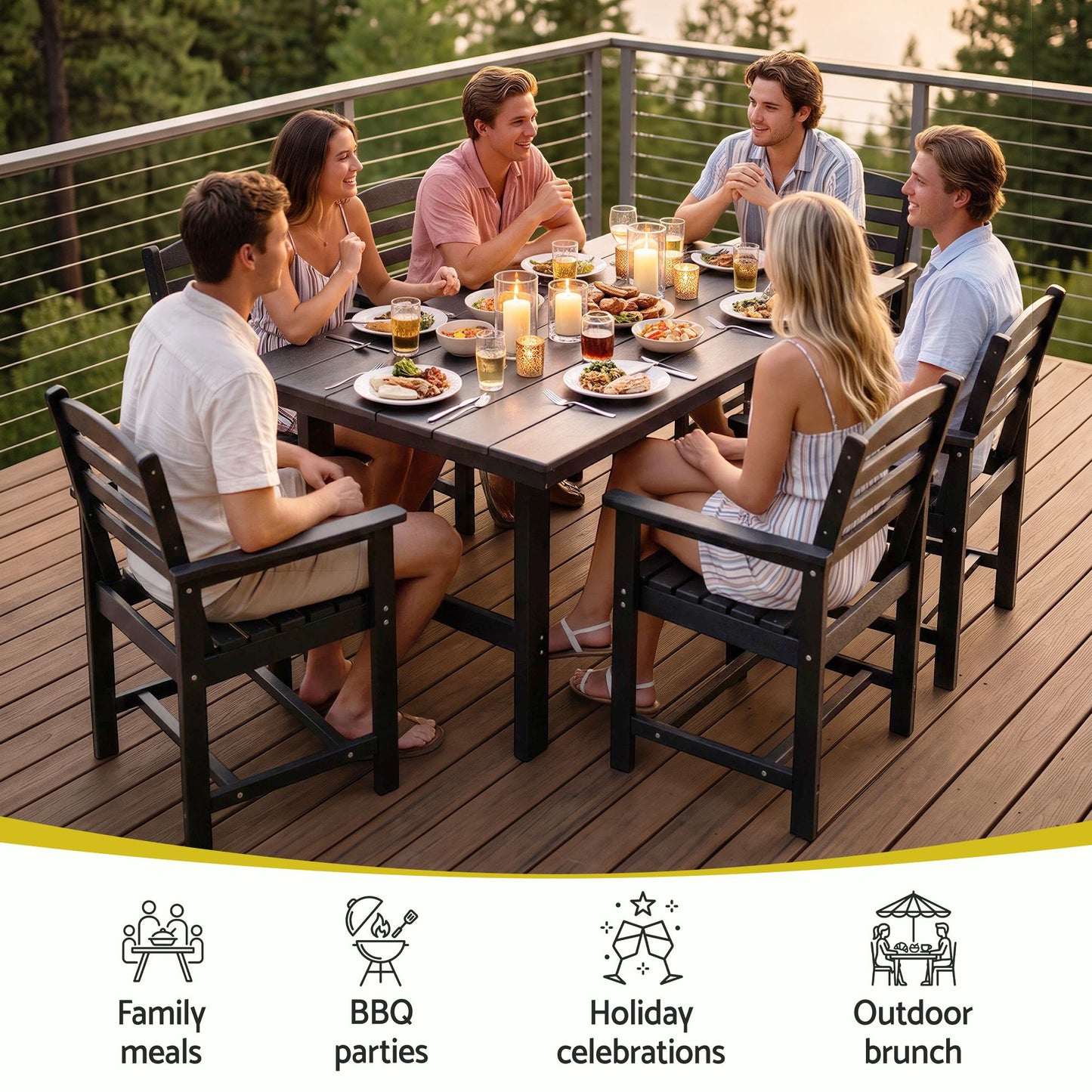 Lacombe 6-Seater Outdoor Dining Set Patio HDPE Table and Chairs Garden Furniture 7-Piece - Black