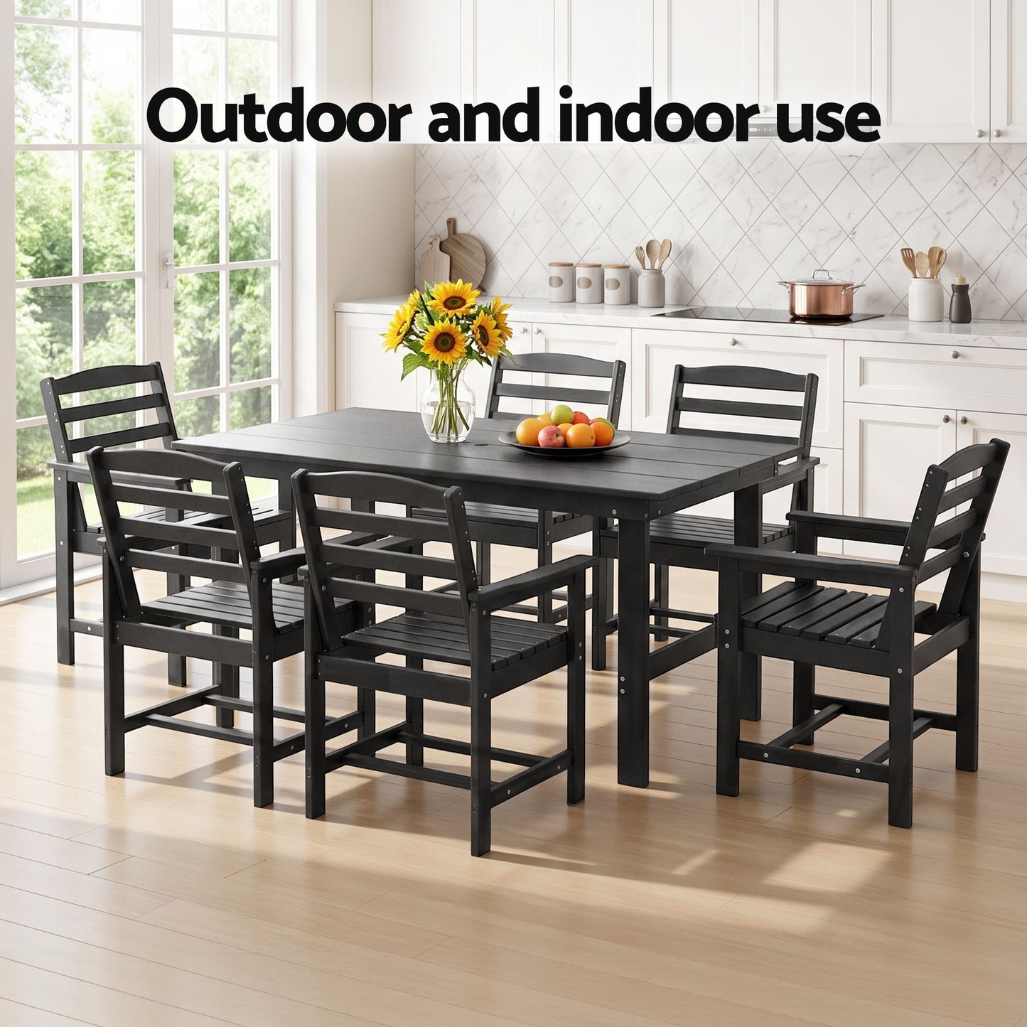 Lacombe 6-Seater Outdoor Dining Set Patio HDPE Table and Chairs Garden Furniture 7-Piece - Black