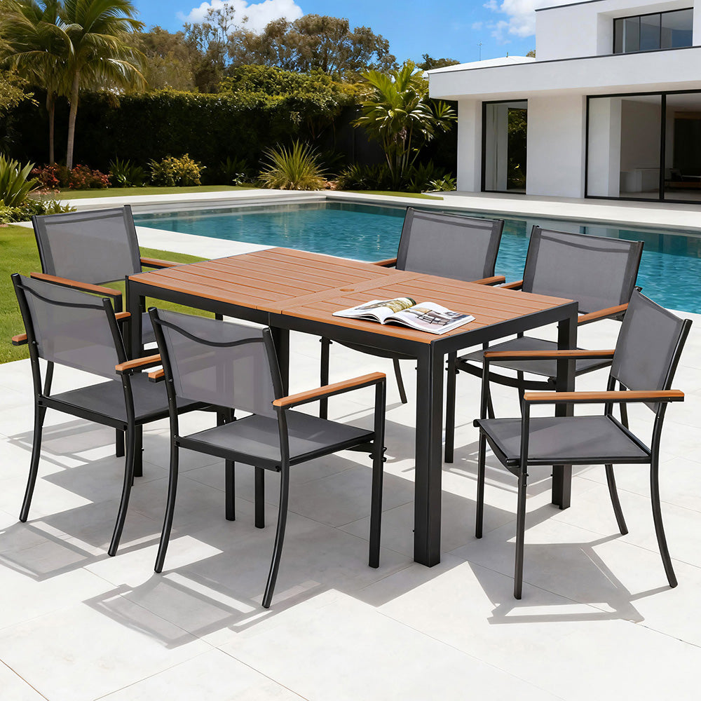 Evorin 6-Seater Outdoor Dining Set Table and Chairs Patio Garden Furniture Bistro Set 7-Piece - Black