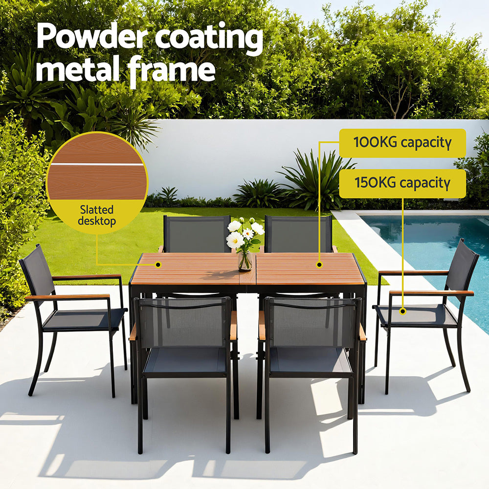 Evorin 6-Seater Outdoor Dining Set Table and Chairs Patio Garden Furniture Bistro Set 7-Piece - Black