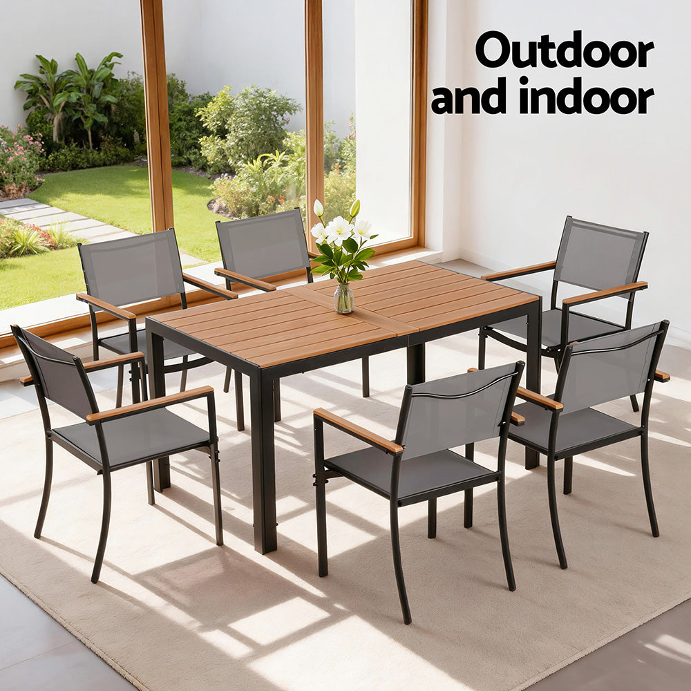 Evorin 6-Seater Outdoor Dining Set Table and Chairs Patio Garden Furniture Bistro Set 7-Piece - Black
