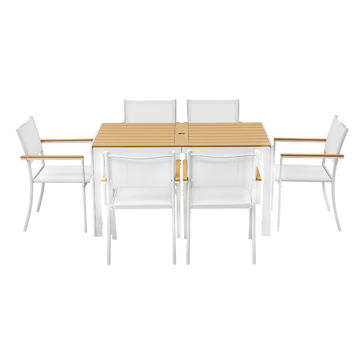 Evorin 6-Seater Table and Chairs Patio Garden Furniture Bistro 7-Piece Outdoor Dining Set - White & Wood