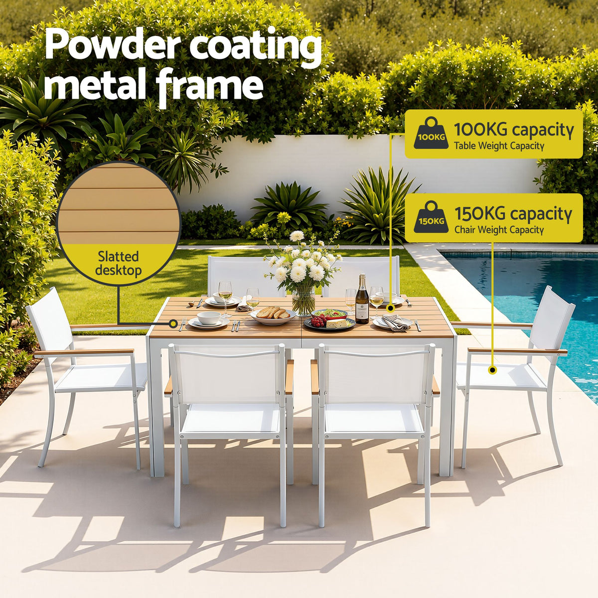 Evorin 6-Seater Table and Chairs Patio Garden Furniture Bistro 7-Piece Outdoor Dining Set - White & Wood