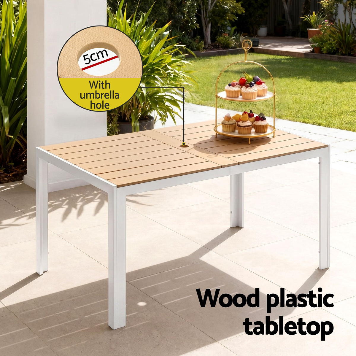 Evorin 6-Seater Table and Chairs Patio Garden Furniture Bistro 7-Piece Outdoor Dining Set - White & Wood