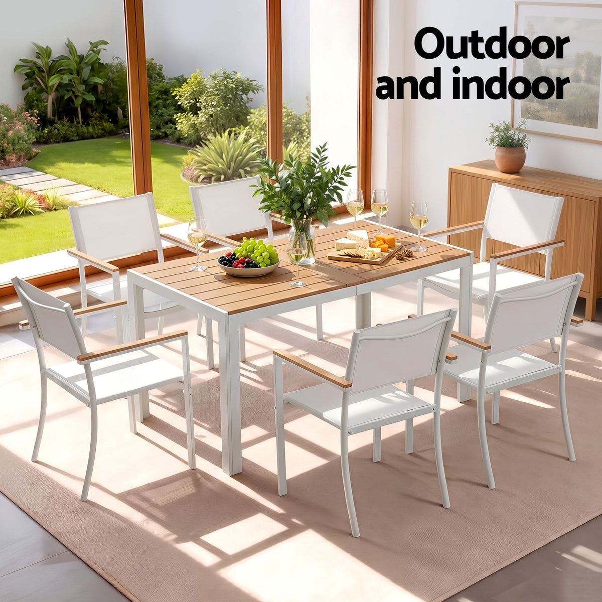 Evorin 6-Seater Table and Chairs Patio Garden Furniture Bistro 7-Piece Outdoor Dining Set - White & Wood