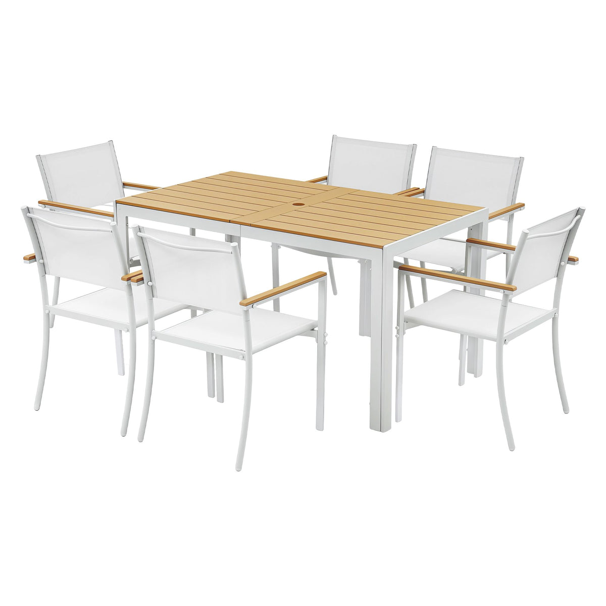 Evorin 6-Seater Table and Chairs Patio Garden Furniture Bistro 7-Piece Outdoor Dining Set - White & Wood