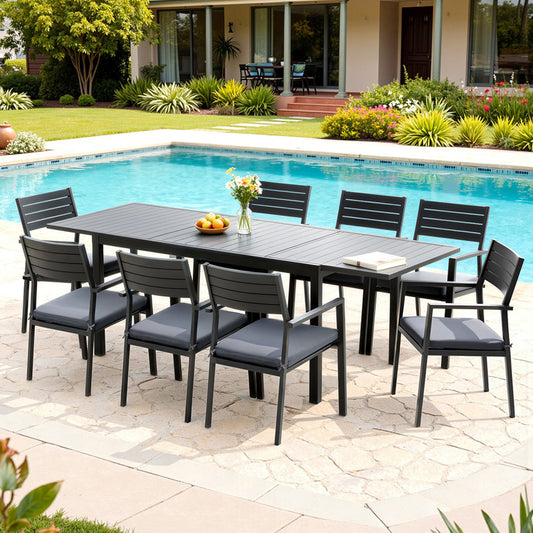 Neris 8-Seater Outdoor Dining Set Aluminum Extendable Table Chairs Patio Furniture 9-Piece - Black