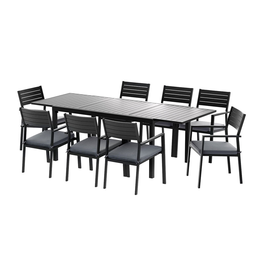 Neris 8-Seater Outdoor Dining Set Aluminum Extendable Table Chairs Patio Furniture 9-Piece - Black