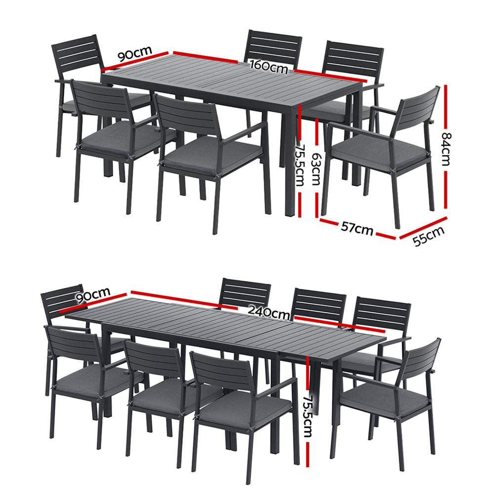 Neris 8-Seater Outdoor Dining Set Aluminum Extendable Table Chairs Patio Furniture 9-Piece - Black