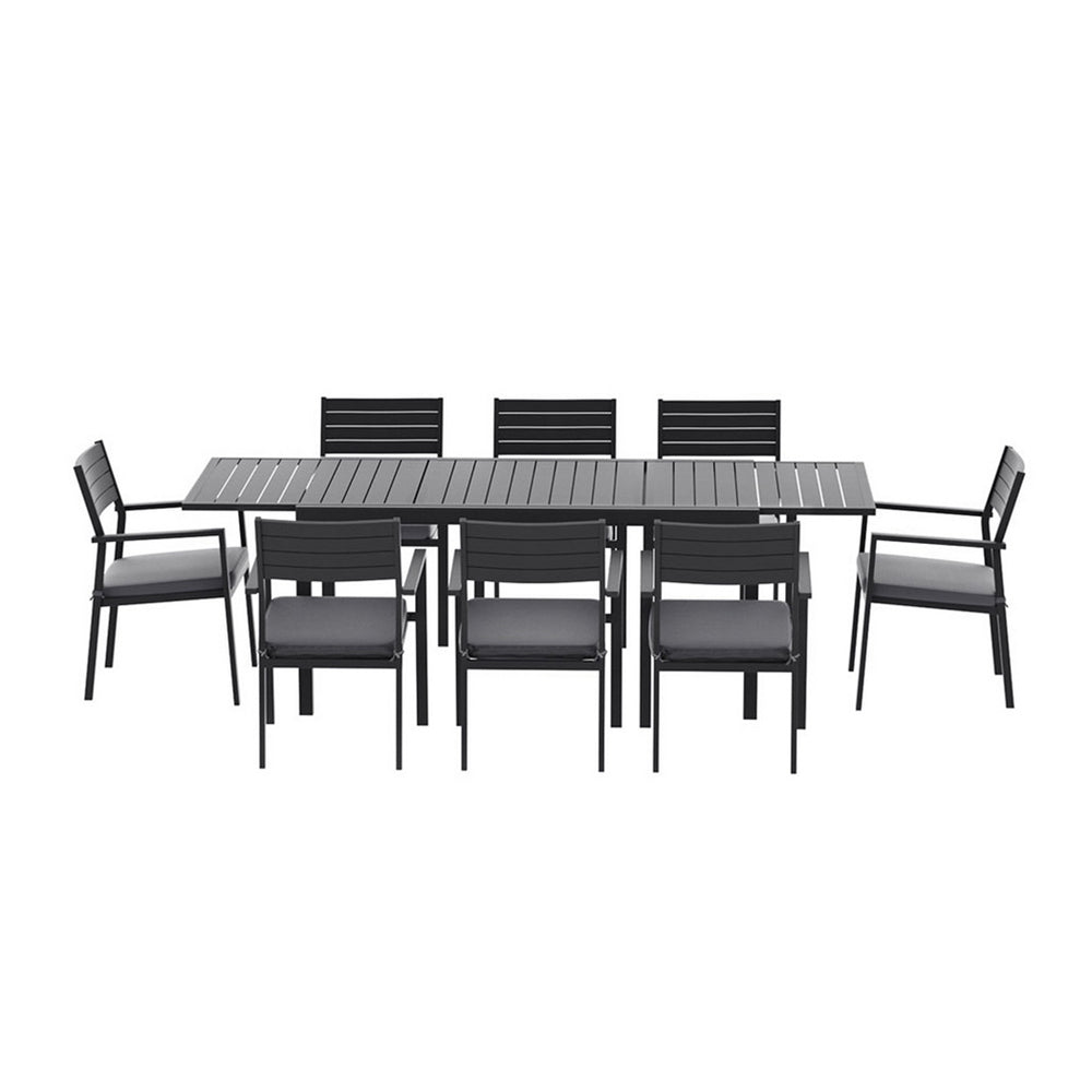 Neris 8-Seater Outdoor Dining Set Aluminum Extendable Table Chairs Patio Furniture 9-Piece - Black