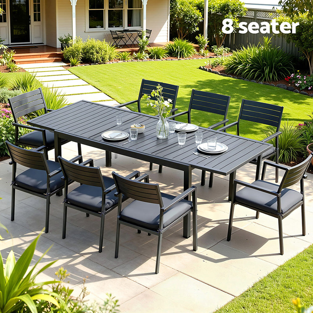 Neris 8-Seater Outdoor Dining Set Aluminum Extendable Table Chairs Patio Furniture 9-Piece - Black