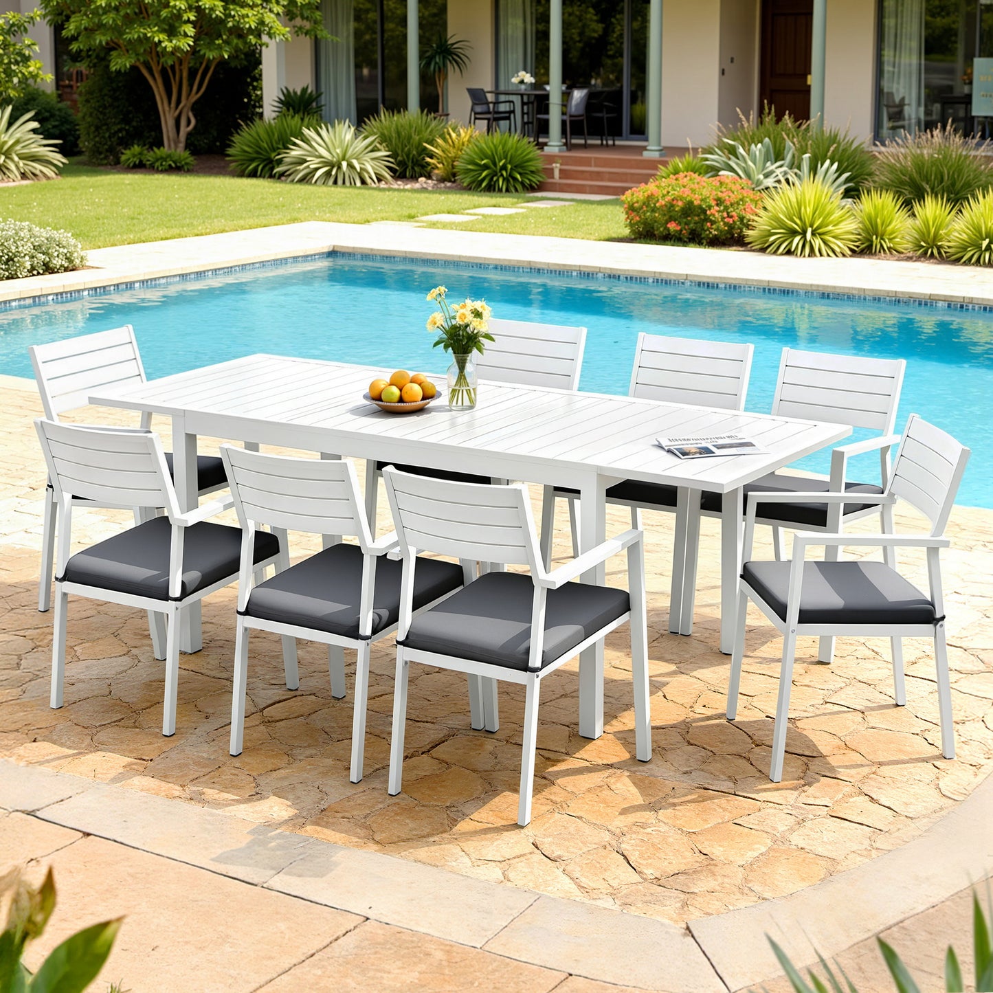Neris 8-Seater Outdoor Dining Set Aluminum Extendable Table Chairs Patio Furniture 9-Piece - White