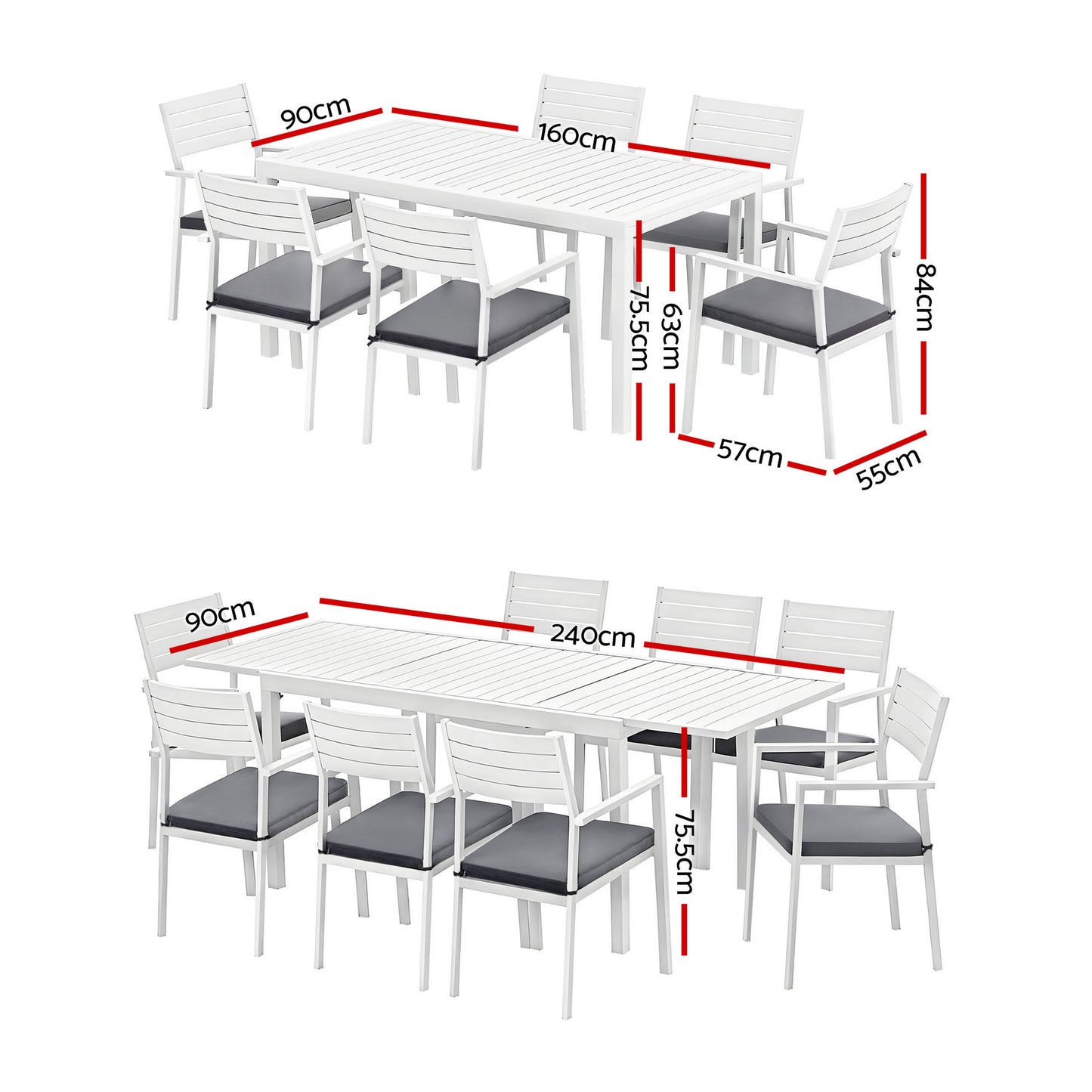 Neris 8-Seater Outdoor Dining Set Aluminum Extendable Table Chairs Patio Furniture 9-Piece - White