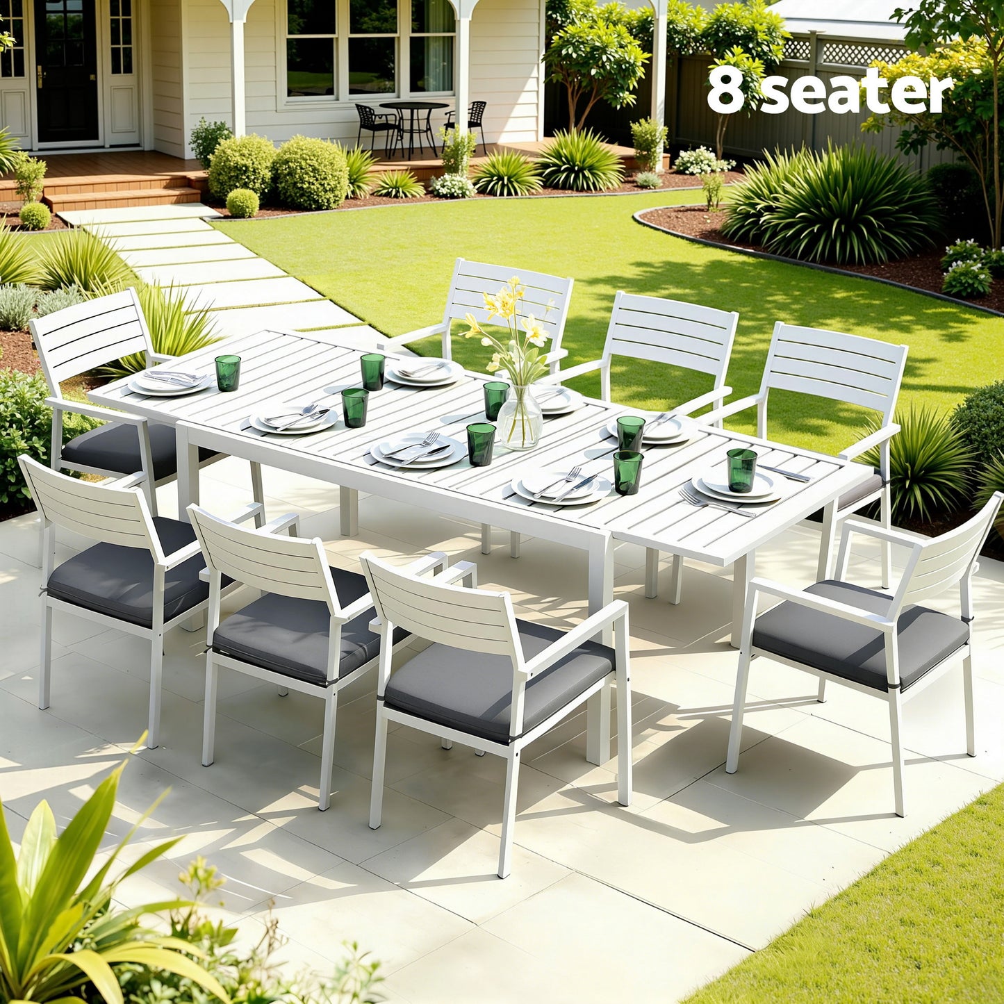Neris 8-Seater Outdoor Dining Set Aluminum Extendable Table Chairs Patio Furniture 9-Piece - White