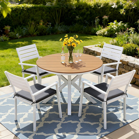Aletta 4-Seater Aluminum WPC Tabletop Patio Furniture 7-Piece Outdoor Dining Set - White & Wood