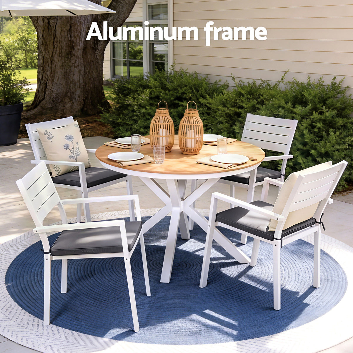 Aletta 4-Seater Aluminum WPC Tabletop Patio Furniture 7-Piece Outdoor Dining Set - White & Wood