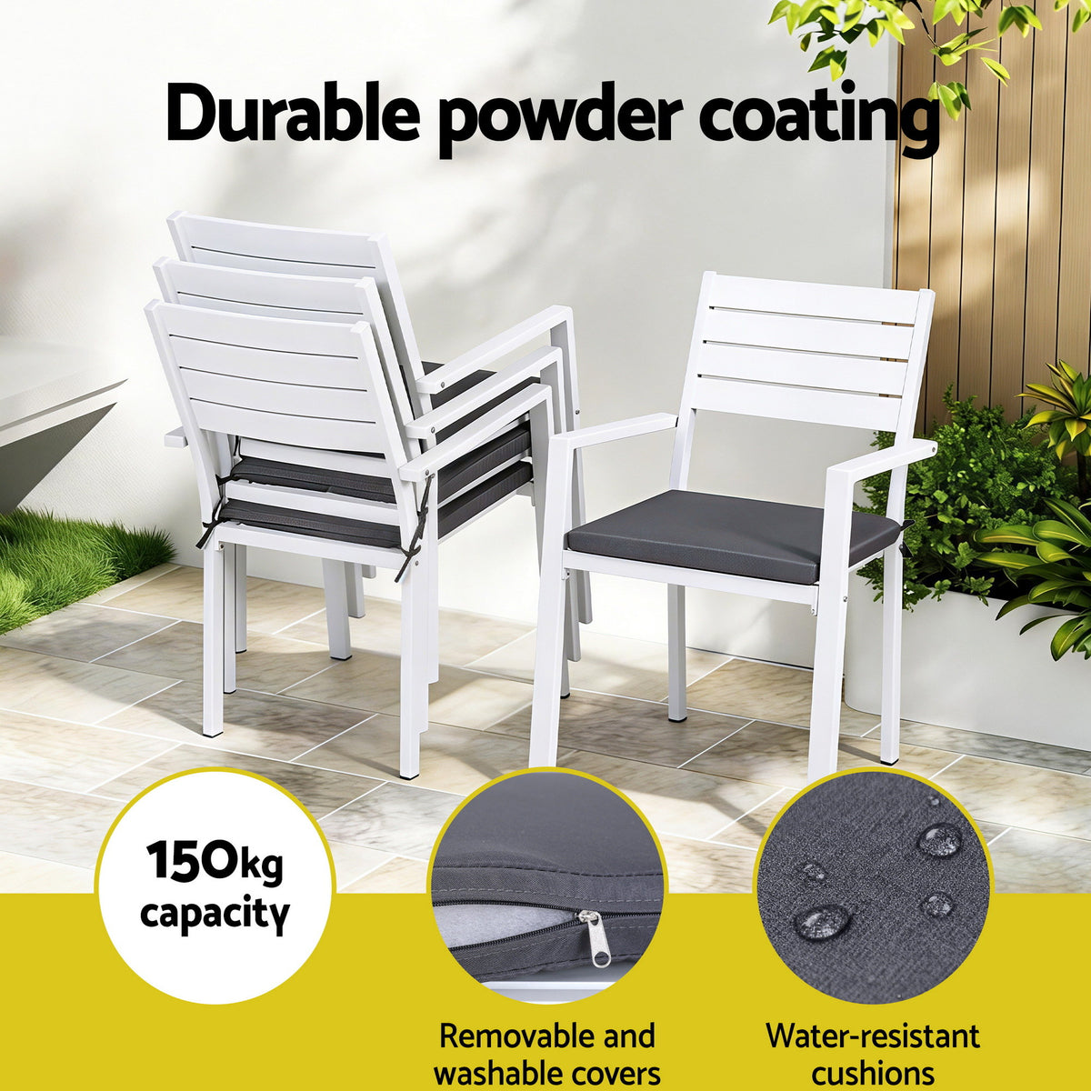 Aletta 4-Seater Aluminum WPC Tabletop Patio Furniture 7-Piece Outdoor Dining Set - White & Wood