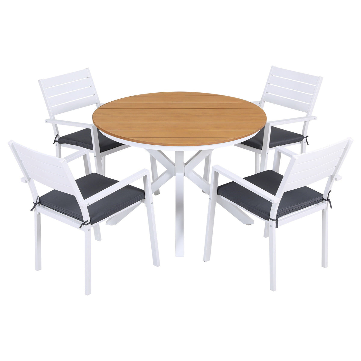 Aletta 4-Seater Aluminum WPC Tabletop Patio Furniture 7-Piece Outdoor Dining Set - White & Wood