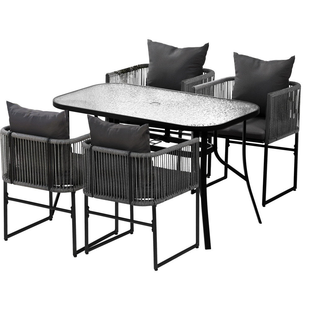 Iverson 4-Seater Outdoor Dining Set Table and Chairs Rope Patio Furniture Garden 5-Piece - Black