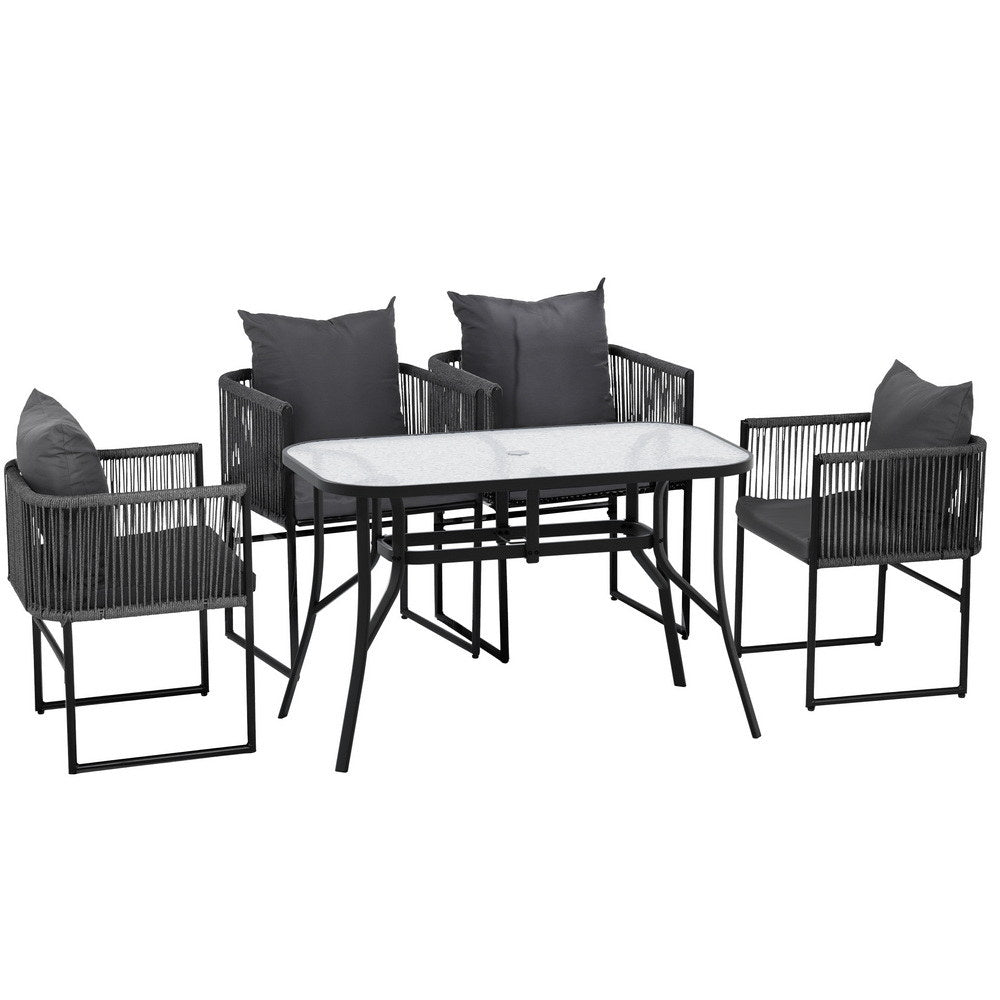 Iverson 4-Seater Outdoor Dining Set Table and Chairs Rope Patio Furniture Garden 5-Piece - Black