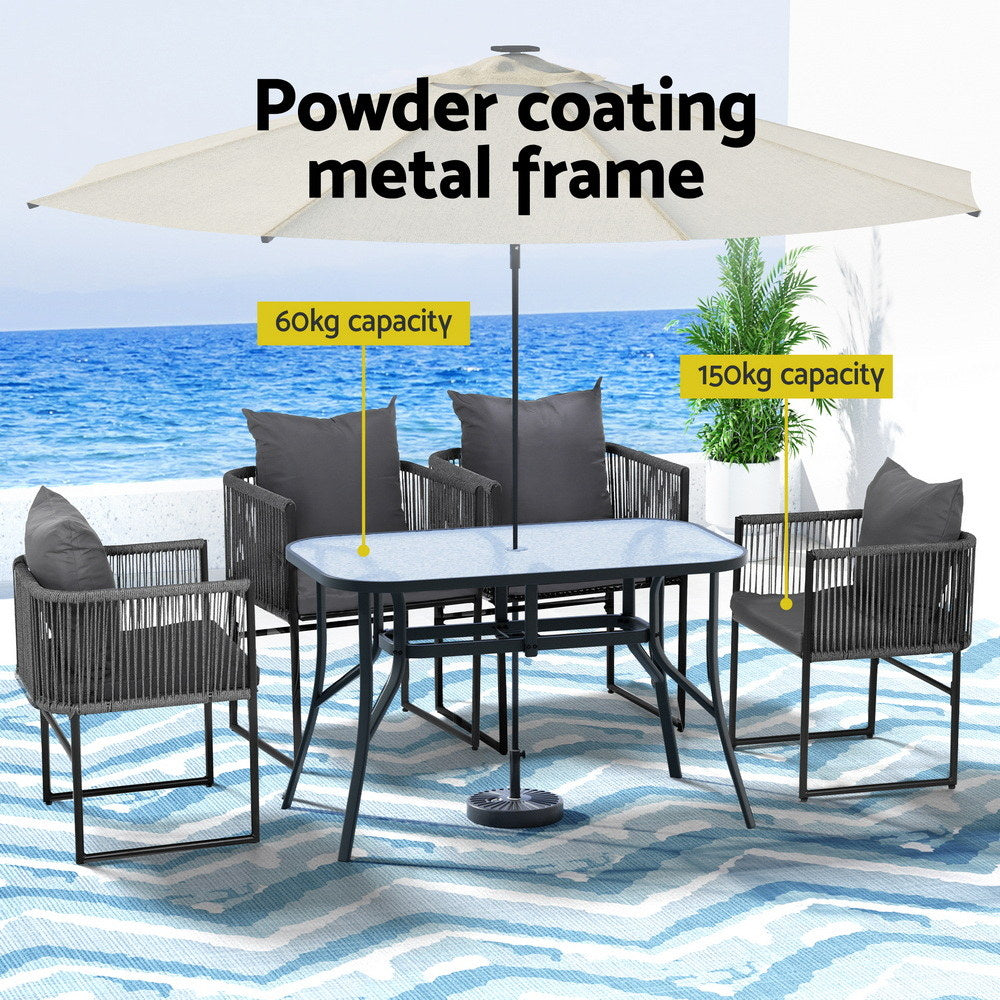 Iverson 4-Seater Outdoor Dining Set Table and Chairs Rope Patio Furniture Garden 5-Piece - Black