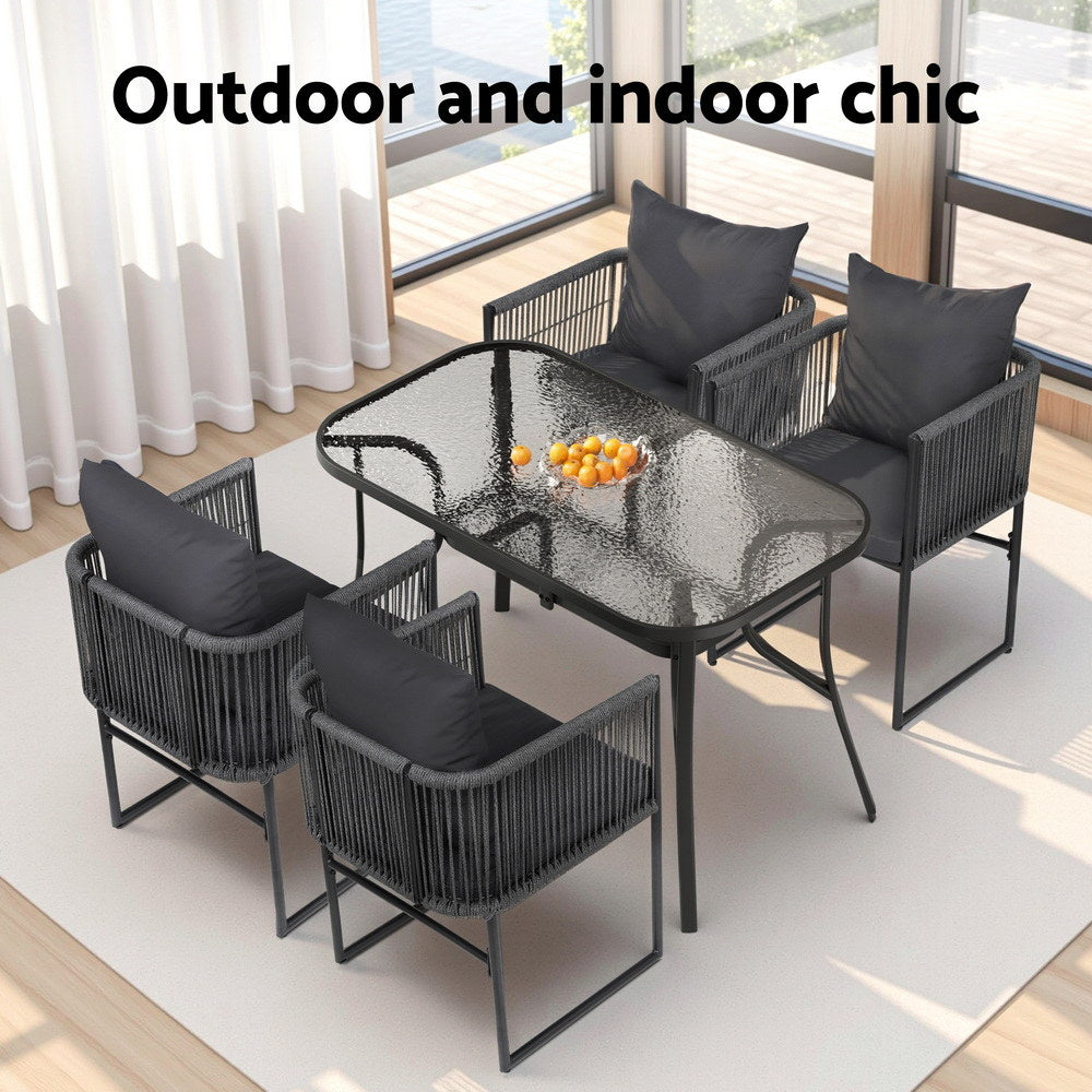 Iverson 4-Seater Outdoor Dining Set Table and Chairs Rope Patio Furniture Garden 5-Piece - Black