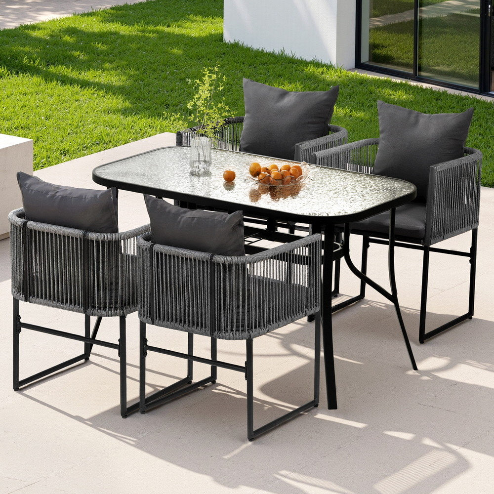 Iverson 4-Seater Outdoor Dining Set Table and Chairs Rope Patio Furniture Garden 5-Piece - Black