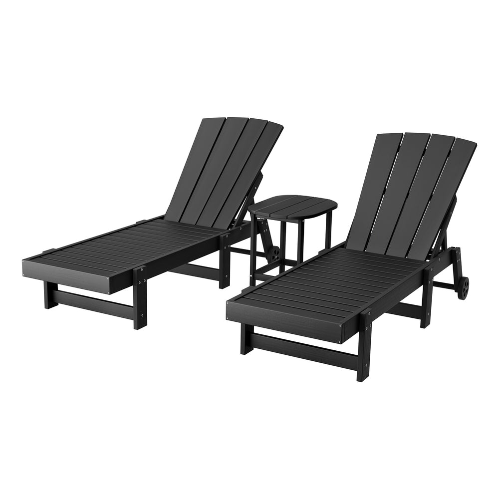 Torin 3PC Sun Lounge Table and Chairs Beach Chair HDPE Patio Outdoor Furniture Wheels - Black
