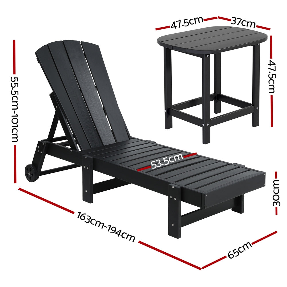 Torin 3PC Sun Lounge Table and Chairs Beach Chair HDPE Patio Outdoor Furniture Wheels - Black
