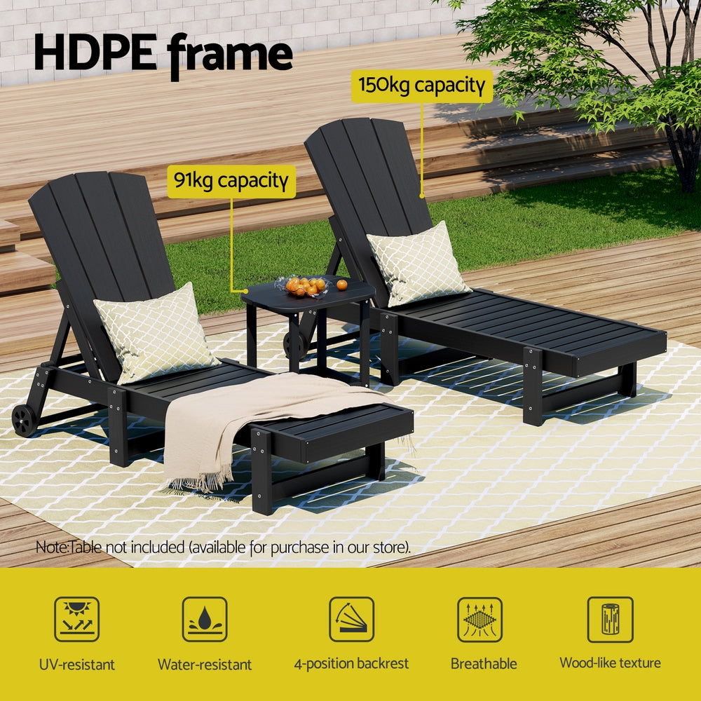 Torin 3PC Sun Lounge Table and Chairs Beach Chair HDPE Patio Outdoor Furniture Wheels - Black