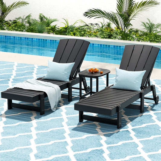 Torin 3PC Sun Lounge Table and Chairs Beach Chair HDPE Patio Outdoor Furniture Wheels - Black