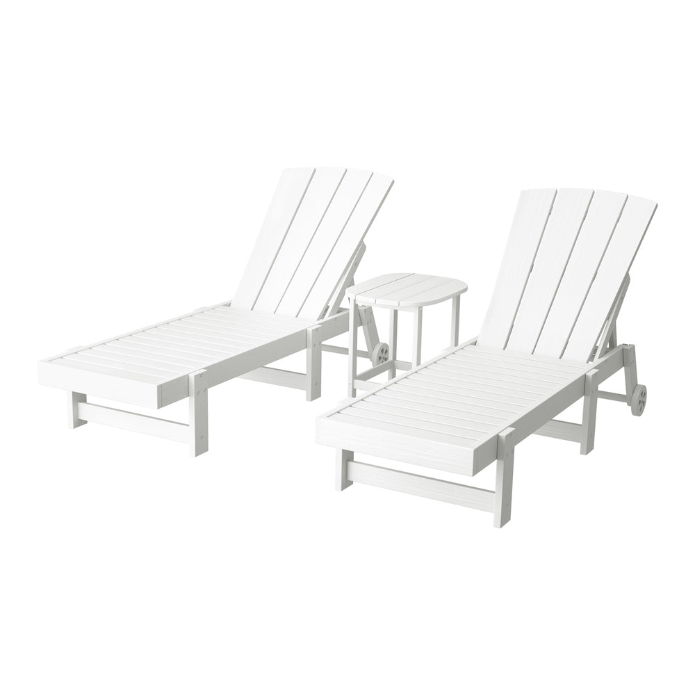 Torin 3PC Sun Lounge Table and Chairs Beach Chair Adirondack HDPE Patio Outdoor Furniture Wheels - White