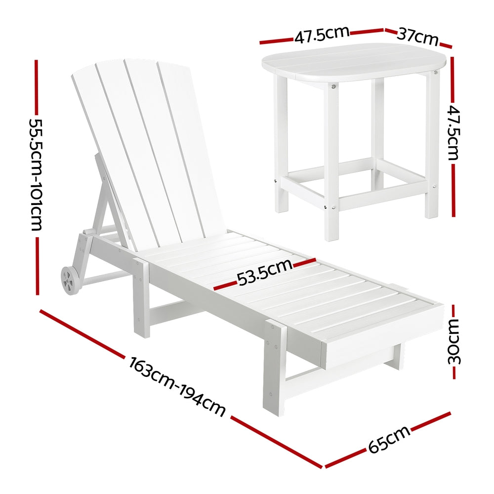 Torin 3PC Sun Lounge Table and Chairs Beach Chair Adirondack HDPE Patio Outdoor Furniture Wheels - White