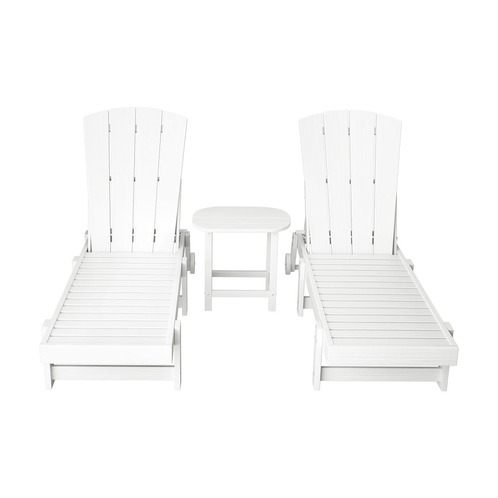 Torin 3PC Sun Lounge Table and Chairs Beach Chair Adirondack HDPE Patio Outdoor Furniture Wheels - White