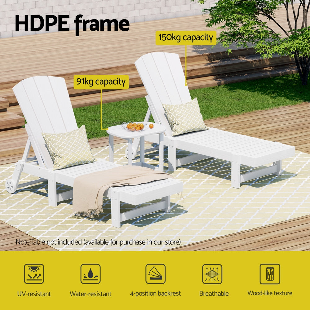 Torin 3PC Sun Lounge Table and Chairs Beach Chair Adirondack HDPE Patio Outdoor Furniture Wheels - White