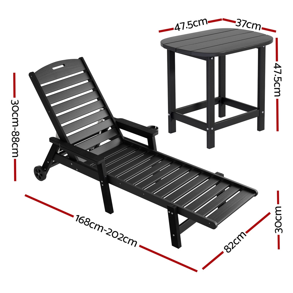 Nyelle 3PC Sun Lounge Beach Chair HDPE Patio Outdoor Furniture with Wheels - Black