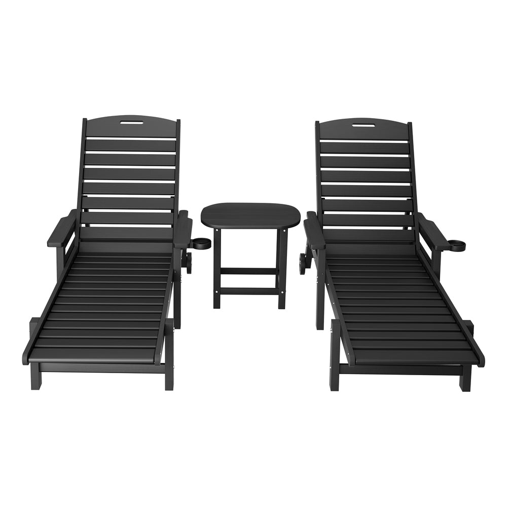 Nyelle 3PC Sun Lounge Beach Chair HDPE Patio Outdoor Furniture with Wheels - Black