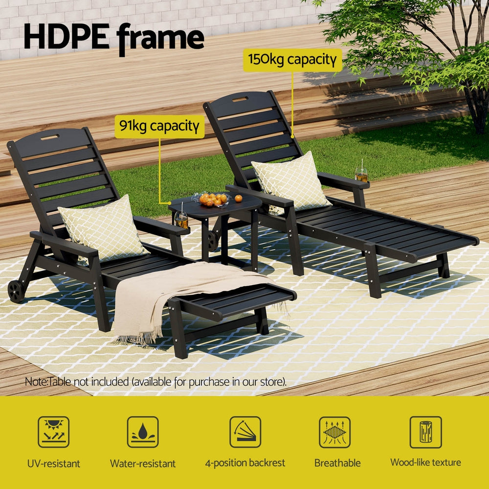 Nyelle 3PC Sun Lounge Beach Chair HDPE Patio Outdoor Furniture with Wheels - Black