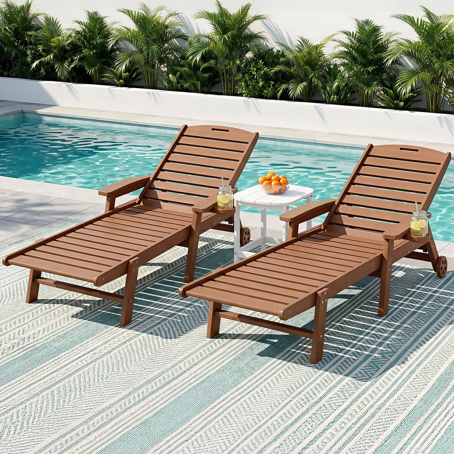 Nyelle 3PC Sun Lounge Table and Chairs Beach Chair HDPE Patio Outdoor Furniture Wheels - Brown