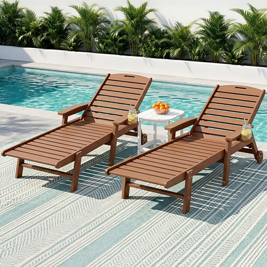 Nyelle 3PC Sun Lounge Table and Chairs Beach Chair HDPE Patio Outdoor Furniture Wheels - Brown