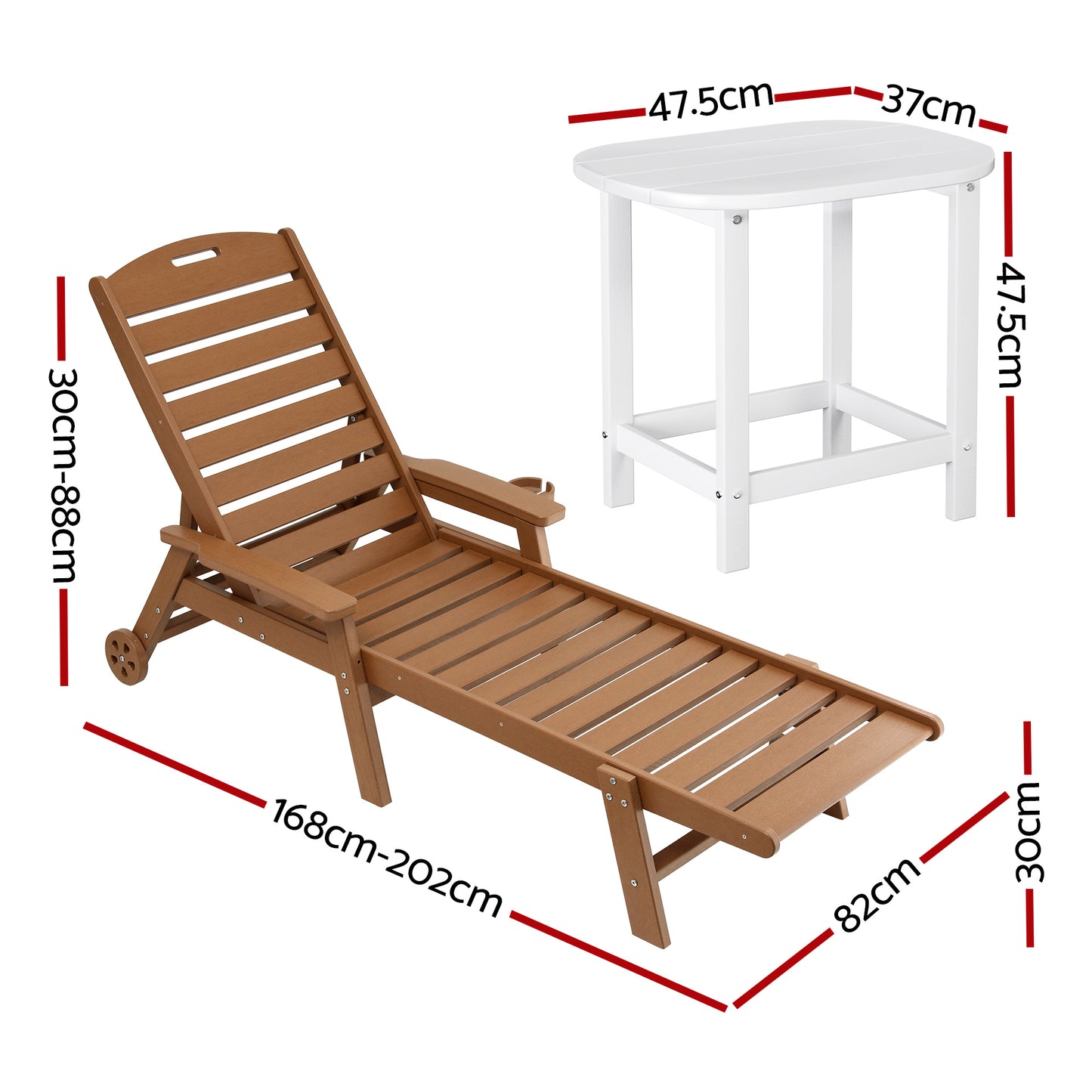 Nyelle 3PC Sun Lounge Table and Chairs Beach Chair HDPE Patio Outdoor Furniture Wheels - Brown