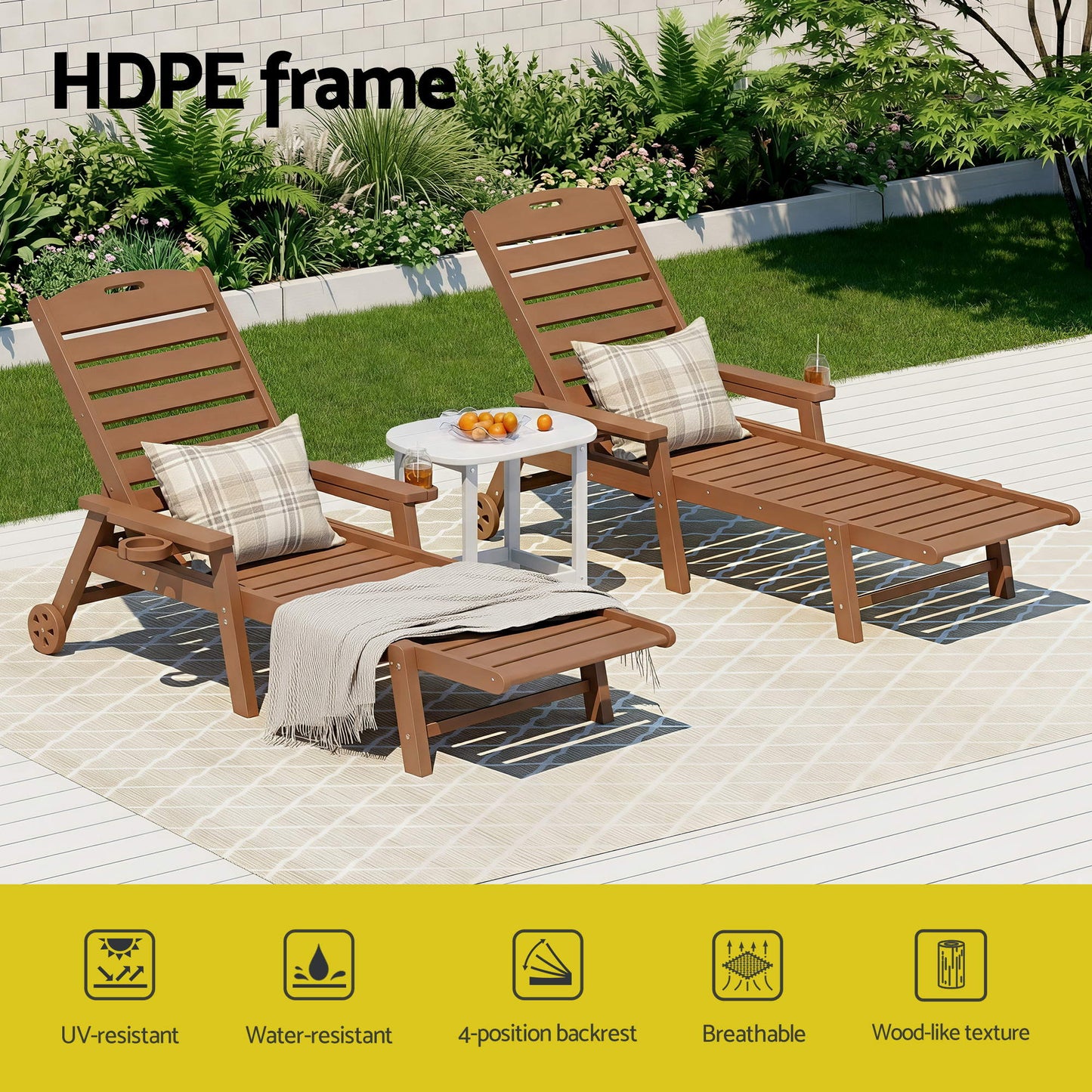 Nyelle 3PC Sun Lounge Table and Chairs Beach Chair HDPE Patio Outdoor Furniture Wheels - Brown
