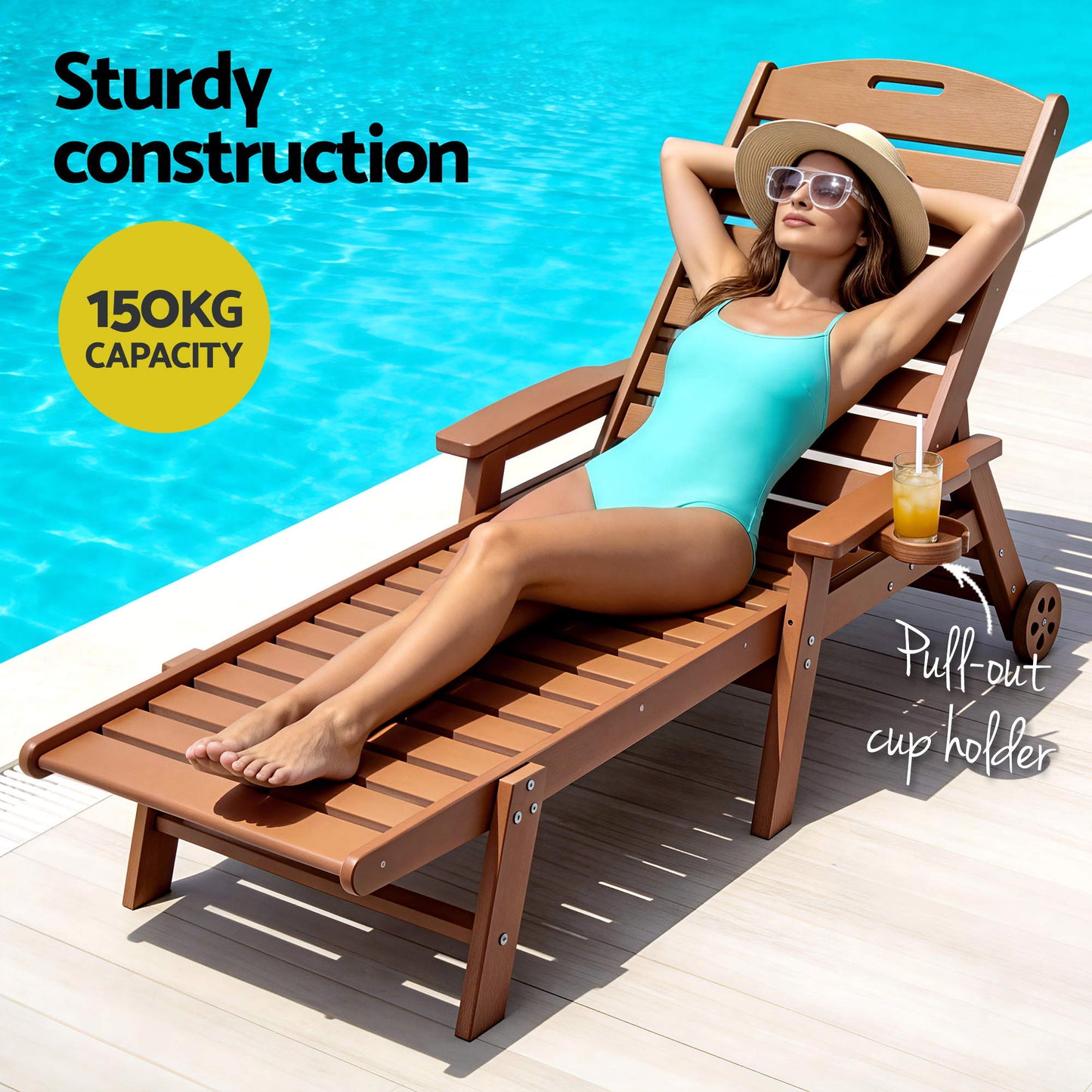 Nyelle 3PC Sun Lounge Table and Chairs Beach Chair HDPE Patio Outdoor Furniture Wheels - Brown