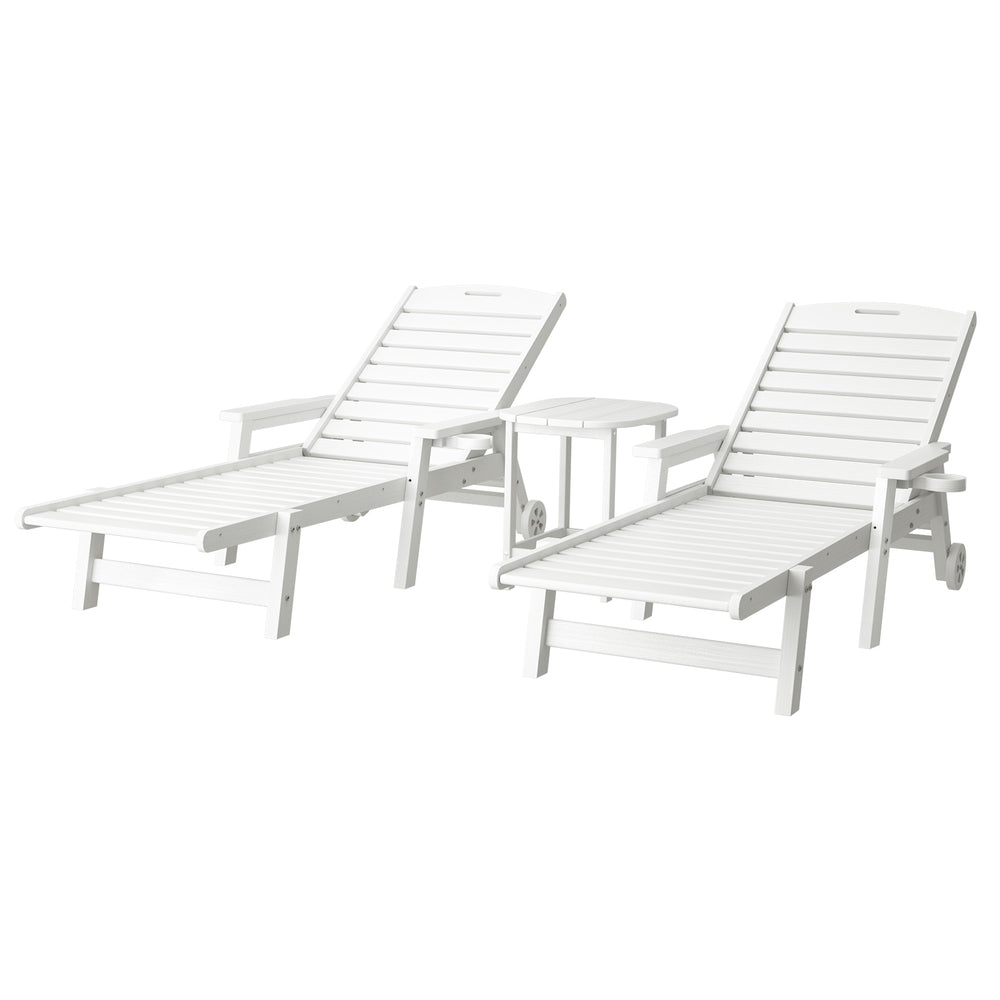 Nyelle 3PC Sun Lounge Beach Chair HDPE Patio Outdoor Furniture with Wheels - White