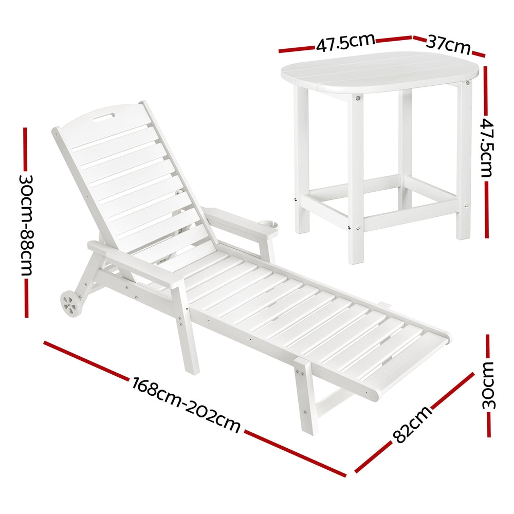Nyelle 3PC Sun Lounge Beach Chair HDPE Patio Outdoor Furniture with Wheels - White