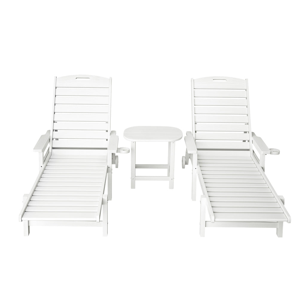 Nyelle 3PC Sun Lounge Beach Chair HDPE Patio Outdoor Furniture with Wheels - White